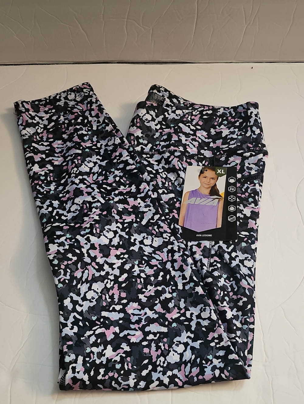 AVIA XL Patterned Active Leggings - Black with Pink & White Print